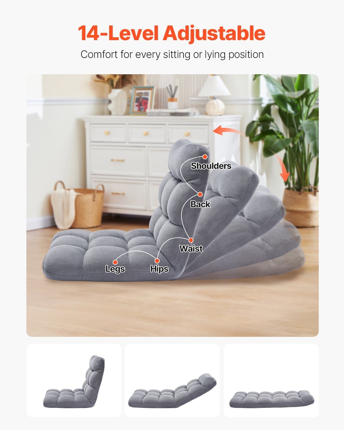 Floor Chair, Recycled Foam Folding Sofa Chair with 14 Adjustable Positions, Multifunctional Floor Chair with Back Support Ideal for Sleeping Reading, Floor Gaming Chair Suitable for Kids, Gray