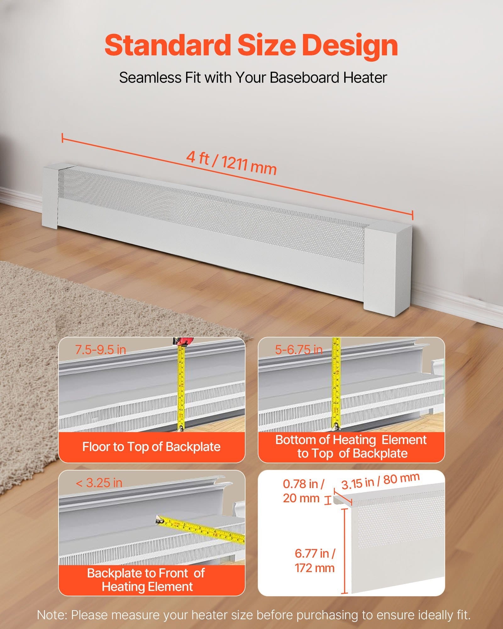 Baseboard Heater Covers, Basic Series 4 ft Standard Electric Heating Unit Front Cover for Home Improvement, Heavy-duty Steel, Easy Installation for Bedroom Replacing Old Cover, White
