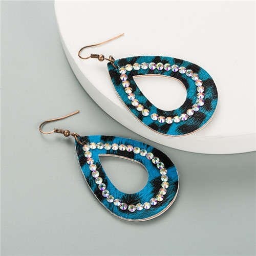 Rhinestone Rimmed Creative Hollow Waterdrop Design PU Women Costume Earrings - Blue