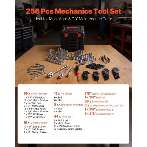 Mechanics Tool Set, 256-Piece Mechanic Tool Kit, 1/4 in, 3/8 in, and 1/2 in Drive, SAE and Metric Socket Set, Wrenches, Screwdriver Bits, Accessories, and Storage Case, for Automotive Repair
