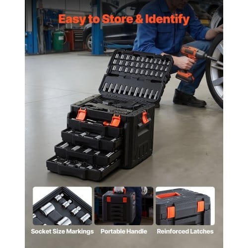 Mechanics Tool Set, 256-Piece Mechanic Tool Kit, 1/4 in, 3/8 in, and 1/2 in Drive, SAE and Metric Socket Set, Wrenches, Screwdriver Bits, Accessories, and Storage Case, for Automotive Repair