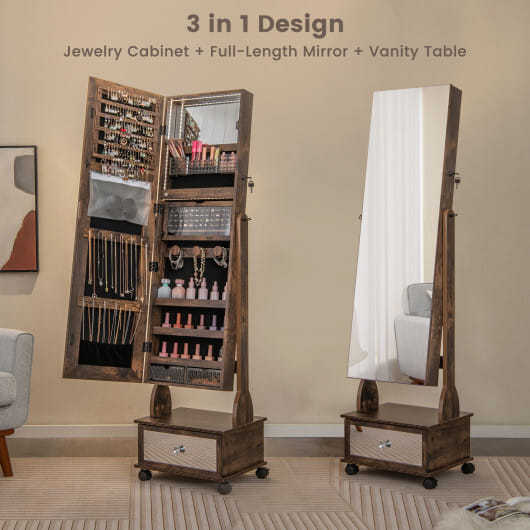 47 Inch Lockable Jewelry Cabinet Armoire with 3-Color LED Lights-Brown
