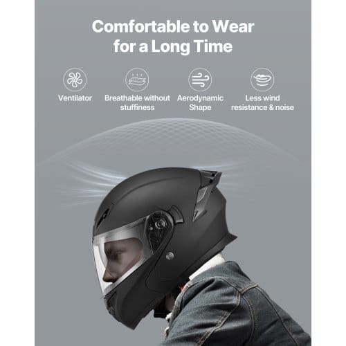 Motorcycle Helmet, Modular, Adult Motocross Dirt Bike Helmet with Large Clear Visor, Comfortable Motorbike Racing Street with Detachable Liner for Men & Women, DOT Approved, (Matte Black, M)
