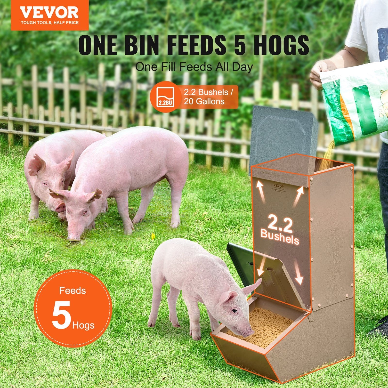Hog Feeder, 2.2 Bushel Capacity, Single Door Pig Feeder, Heavy Duty Steel Piglets Feeder, Multipurpose Trough Creep Feeder, Outdoor Livestock Feeder Farm Accessory for Feeding up to 5 Hogs