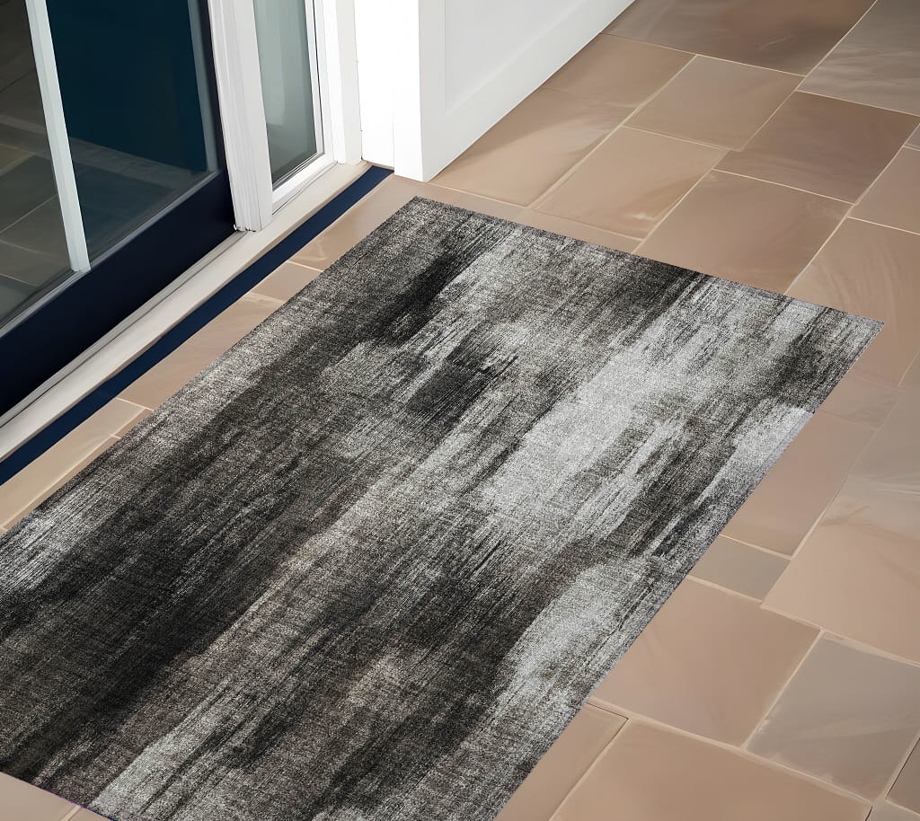 3' X 5' Gray and Black Abstract Washable Non Skid Indoor Outdoor Area Rug