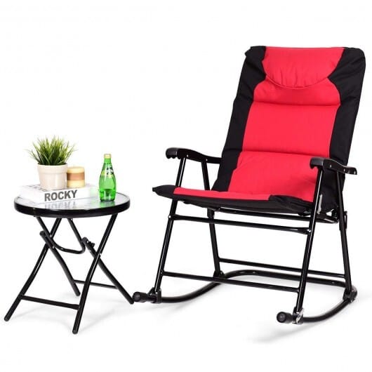 3 Pcs Outdoor Folding Rocking Chair Table Set with Cushion-Black&Red - Color: Red
