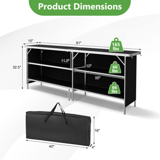 Aluminum Portable Picnic Table with 2-Tier Open Shelves and Spacious Tabletop-Coffee