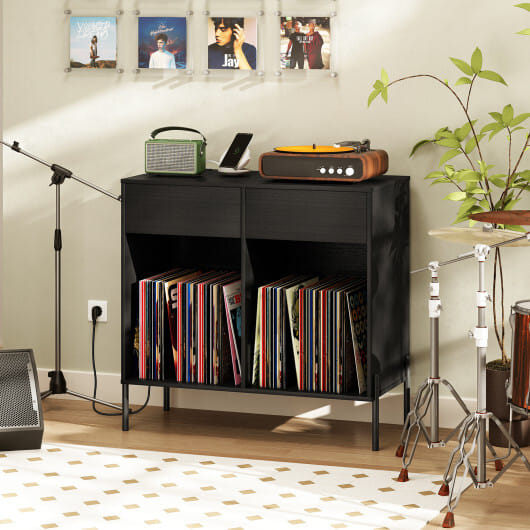Record Player Stand with Power Outlets Double Wide Turntable Stand Vinyl Record Storage Table-White