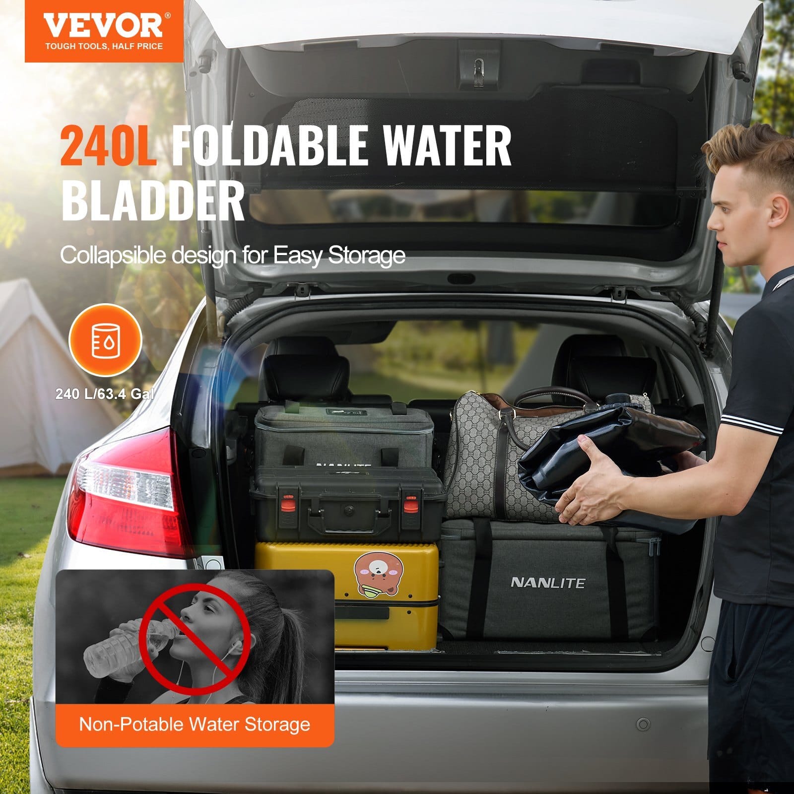 240L/63.4 Gallon Water Storage Bladder, Portable RV Water Tank, 1000D PVC Collapsible Water Storage Containers,  Soft Water Storage Bag, Water Bladder, Fire Prevention, Camping, Emergency Water