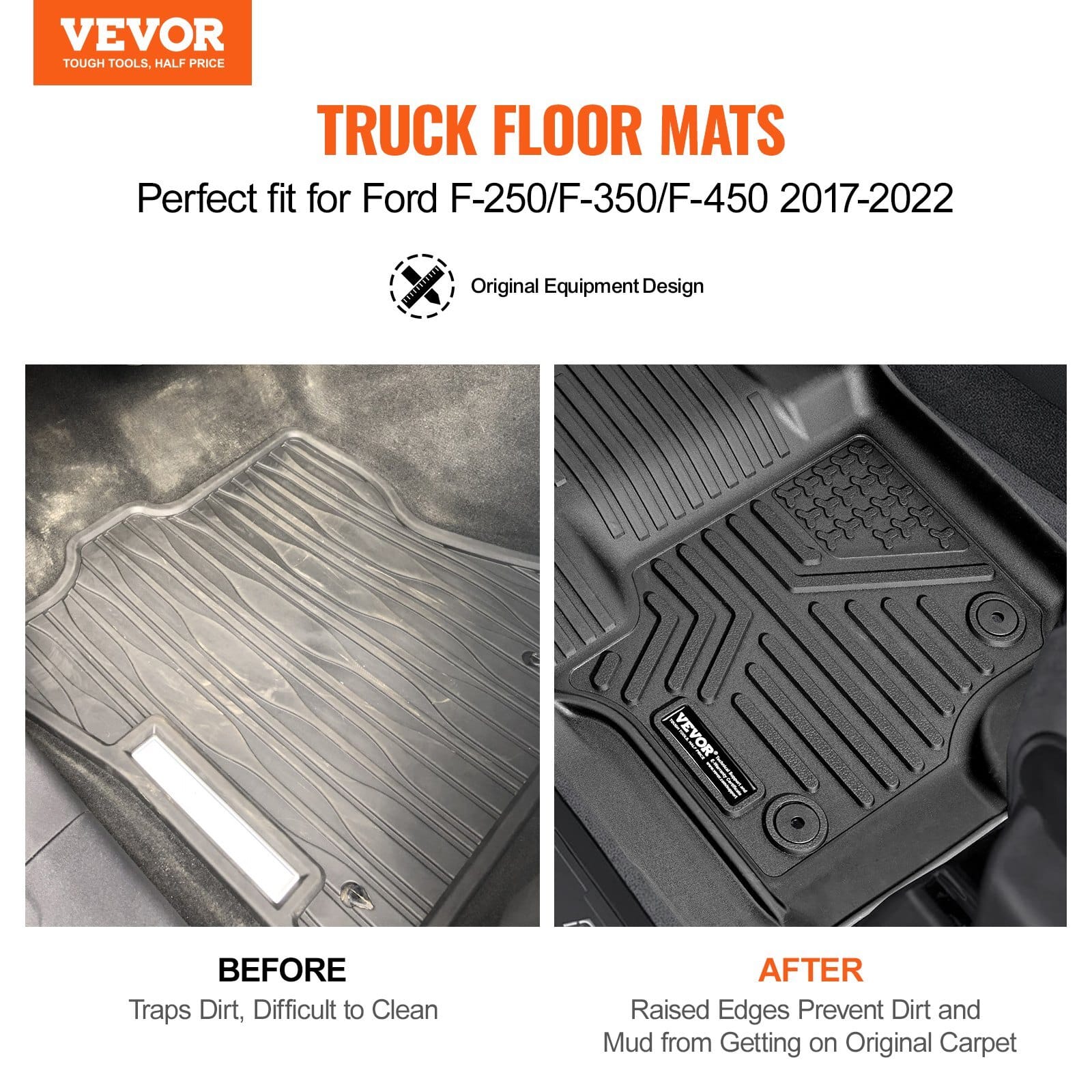Automotive Floor Mats, Fits for Ford F250 F350 F450 F550 2017-2024 2025 Super Duty Crew Cab Bucket Seat with Under Seat Storage, 3 pcs Front and 2nd Row Liners, Floor Liners for Trucks, Black