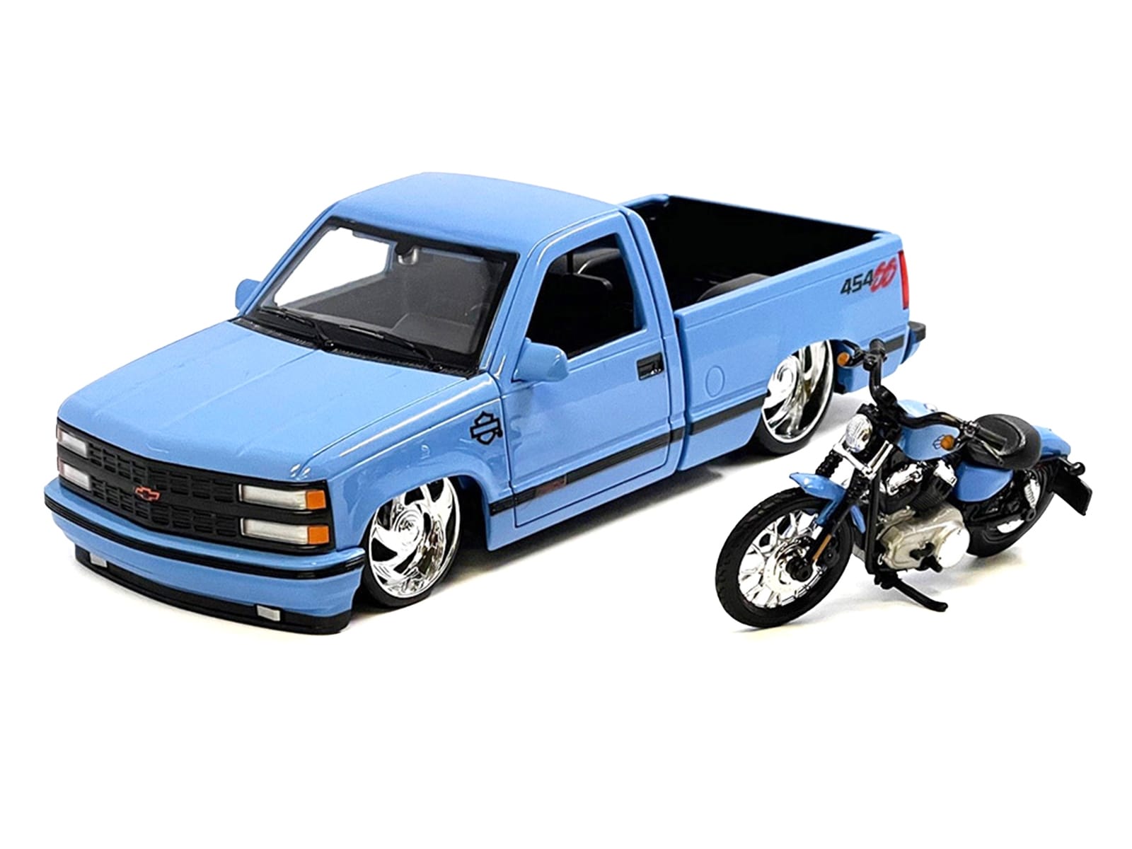 1993 Chevrolet 454 SS Pickup Truck "Harley Davidson" Light Blue and 2007 Harley-Davidson XL 1200N Nightster Motorcycle Light Blue "H-D Custom" Series 1/24 Diecast Model Car by Maisto