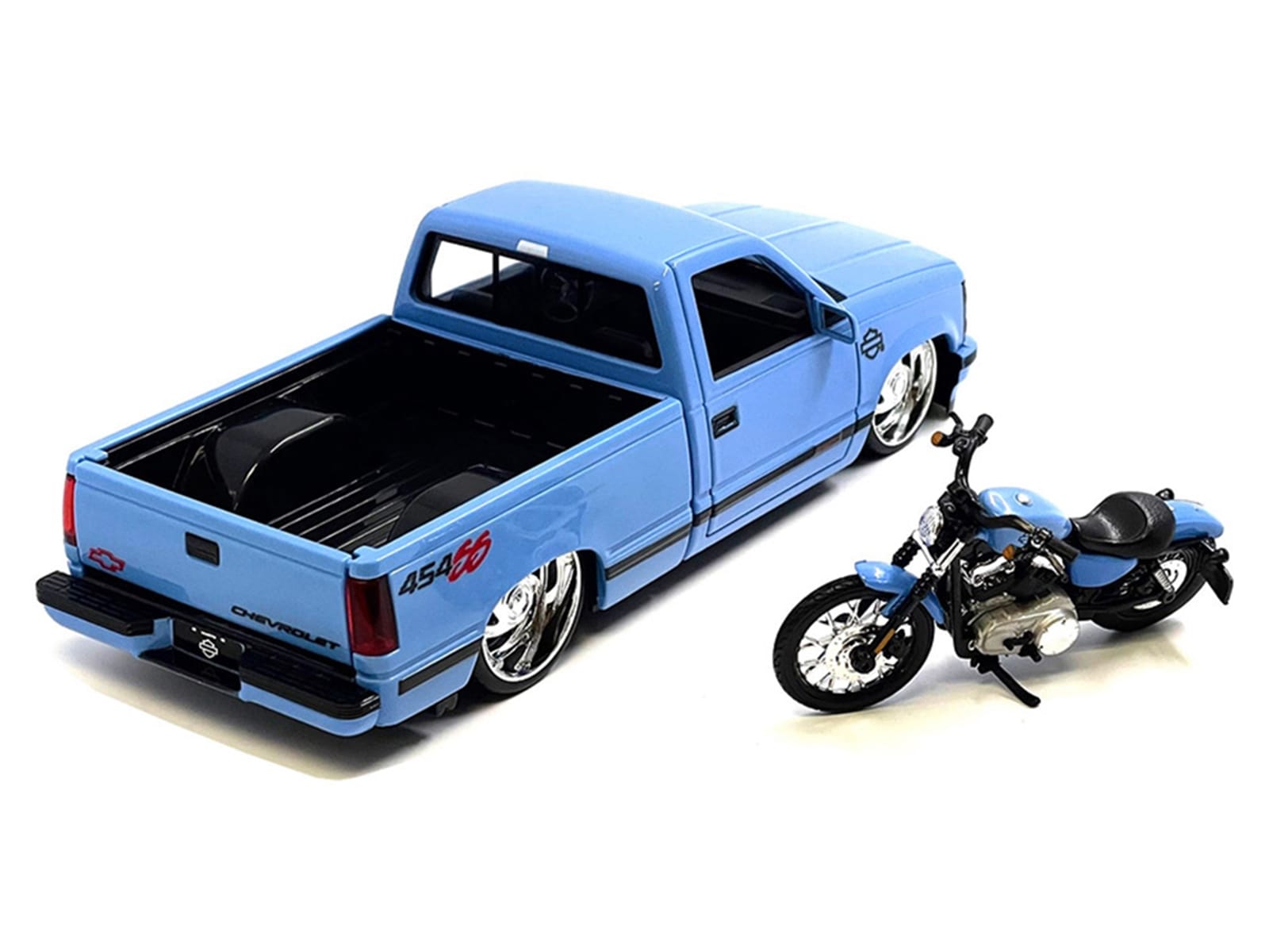 1993 Chevrolet 454 SS Pickup Truck "Harley Davidson" Light Blue and 2007 Harley-Davidson XL 1200N Nightster Motorcycle Light Blue "H-D Custom" Series 1/24 Diecast Model Car by Maisto