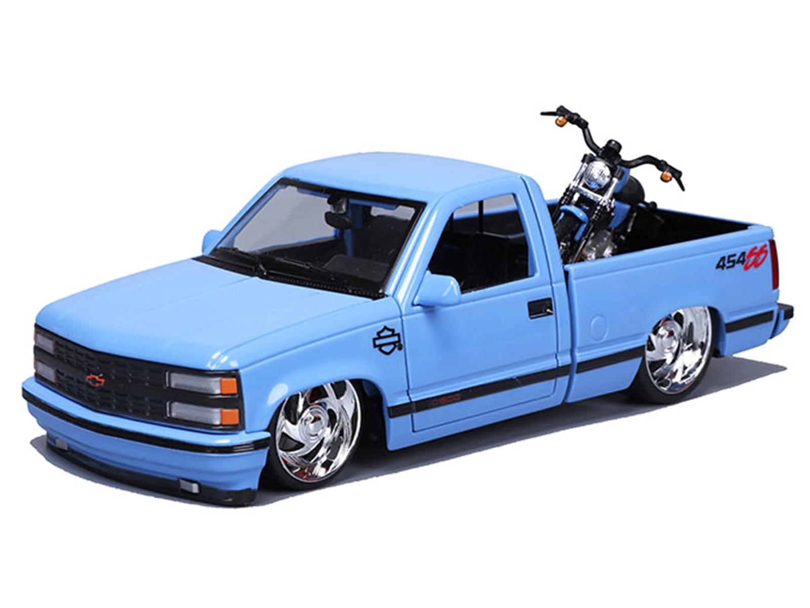 1993 Chevrolet 454 SS Pickup Truck "Harley Davidson" Light Blue and 2007 Harley-Davidson XL 1200N Nightster Motorcycle Light Blue "H-D Custom" Series 1/24 Diecast Model Car by Maisto
