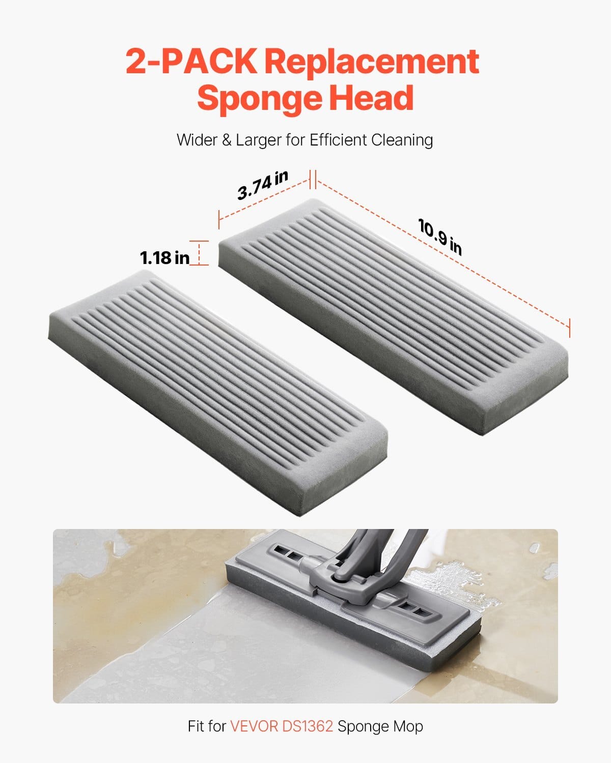 Sponge Mop Replacement, 2-Piece, High Density Wider PU Sponge Mop Head Replacement with Hook & Loop, High Absorbency Head Replacement for  DS1362 Sponge Mop, Fit for Various Floors