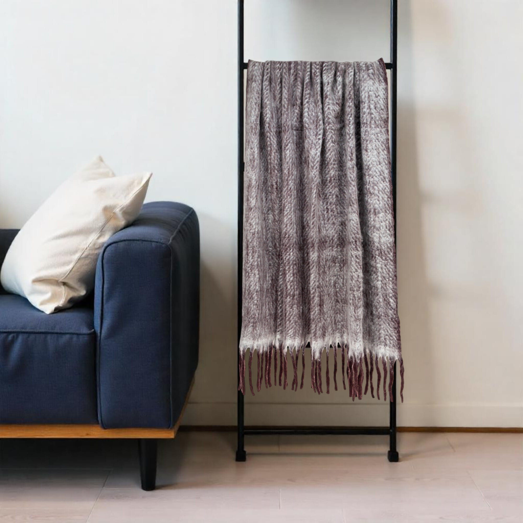 52" X 67" Dark Purple Woven Wool Blend Chevron Throw Blanket with Fringe