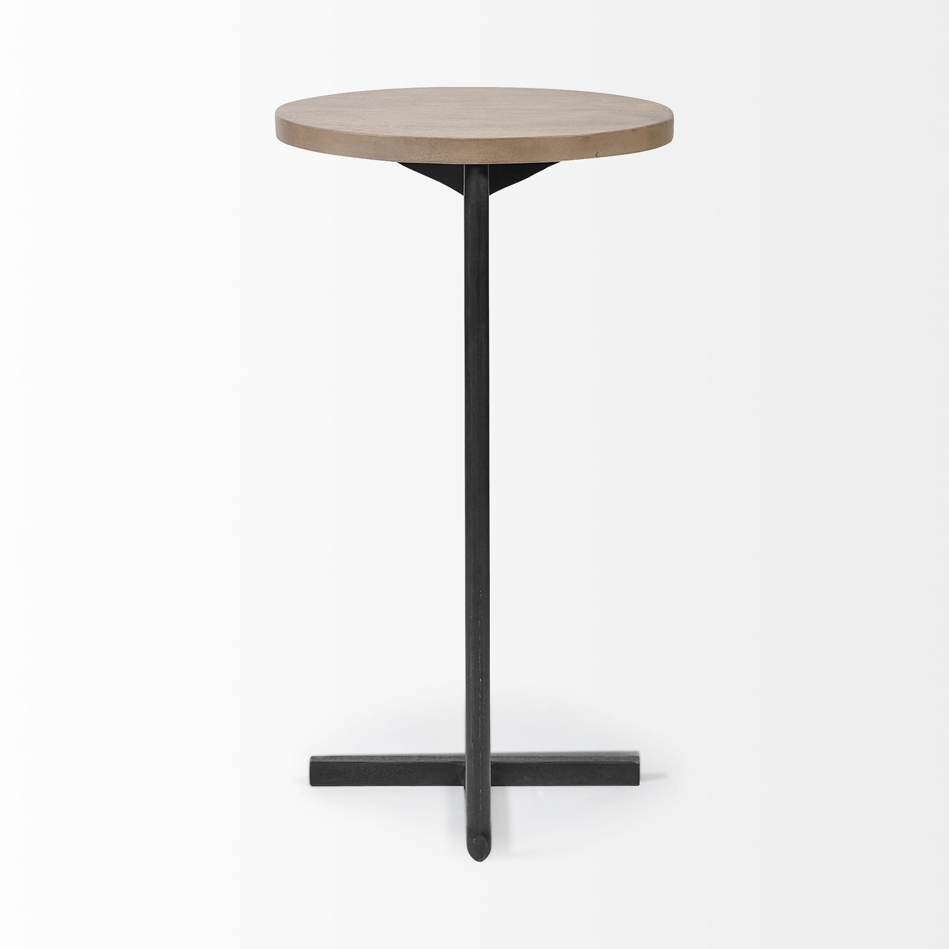 Brown Wood Round Top Accent Table With Black Iron Base