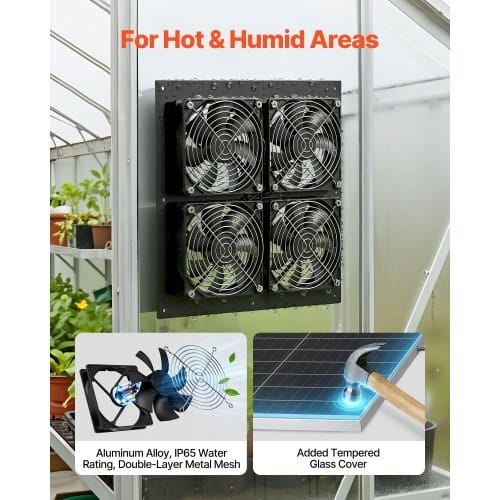 Solar Powered Fan, 25W Solar Panel with 4 Fans, Adjustable Solar Panel Angle, 2668 RPM High-Speed, Flexible Installation, Fast Air Exchange for Greenhouse, Grow Tents, Chicken Coops, Shelters