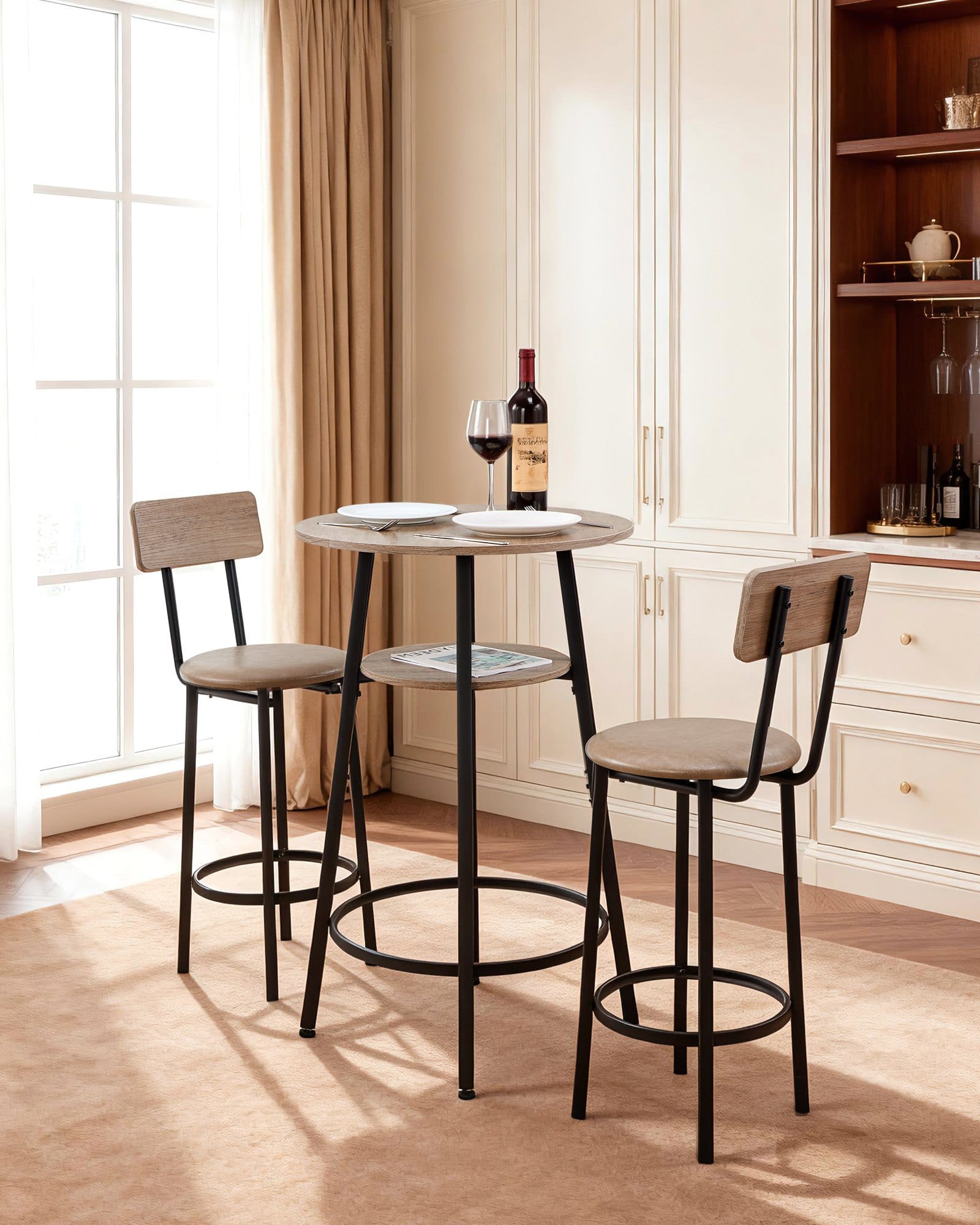 Bar Table, 3PCS 23.5″ Bars Tables Set, Bar Tables and Chair Set with Rounded Corner Design, Round Pub Table with Two Stools for Office Desk, Breakfast Corner, Mini Bars, Light Gray, Black