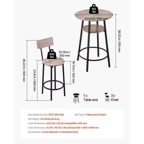 Bar Table, 3PCS 23.5″ Bars Tables Set, Bar Tables and Chair Set with Rounded Corner Design, Round Pub Table with Two Stools for Office Desk, Breakfast Corner, Mini Bars, Light Gray, Black