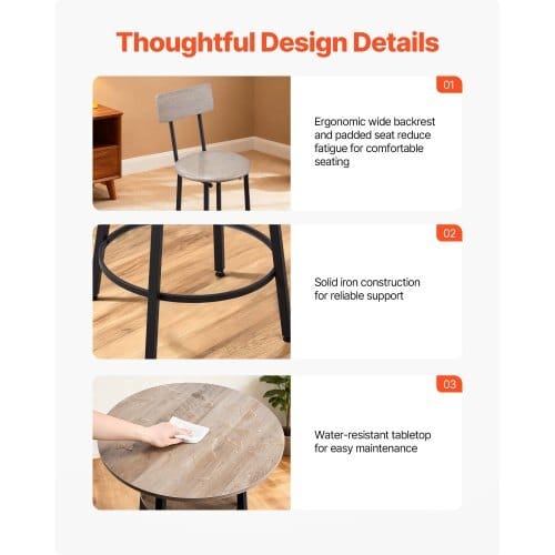 Bar Table, 3PCS 23.5″ Bars Tables Set, Bar Tables and Chair Set with Rounded Corner Design, Round Pub Table with Two Stools for Office Desk, Breakfast Corner, Mini Bars, Light Gray, Black
