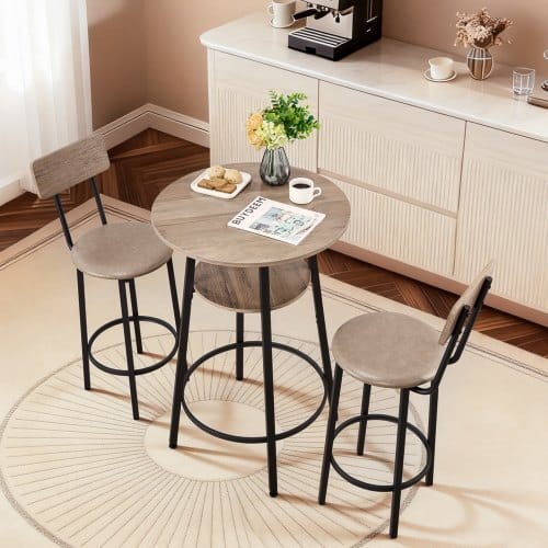 Bar Table, 3PCS 23.5″ Bars Tables Set, Bar Tables and Chair Set with Rounded Corner Design, Round Pub Table with Two Stools for Office Desk, Breakfast Corner, Mini Bars, Light Gray, Black