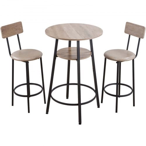 Bar Table, 3PCS 23.5″ Bars Tables Set, Bar Tables and Chair Set with Rounded Corner Design, Round Pub Table with Two Stools for Office Desk, Breakfast Corner, Mini Bars, Light Gray, Black