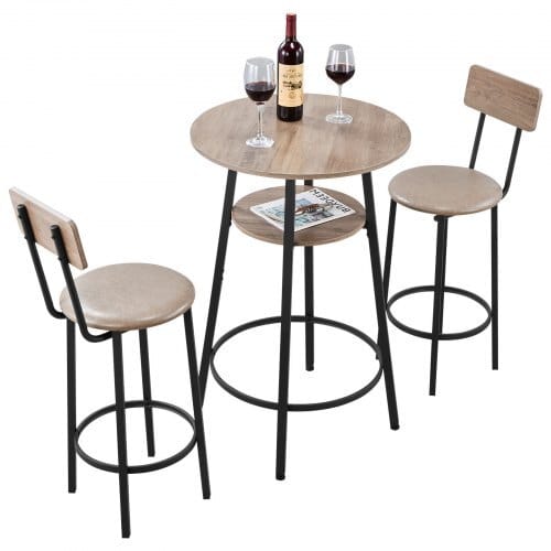 Bar Table, 3PCS 23.5″ Bars Tables Set, Bar Tables and Chair Set with Rounded Corner Design, Round Pub Table with Two Stools for Office Desk, Breakfast Corner, Mini Bars, Light Gray, Black