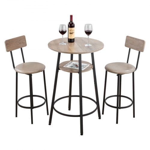 Bar Table, 3PCS 23.5″ Bars Tables Set, Bar Tables and Chair Set with Rounded Corner Design, Round Pub Table with Two Stools for Office Desk, Breakfast Corner, Mini Bars, Light Gray, Black
