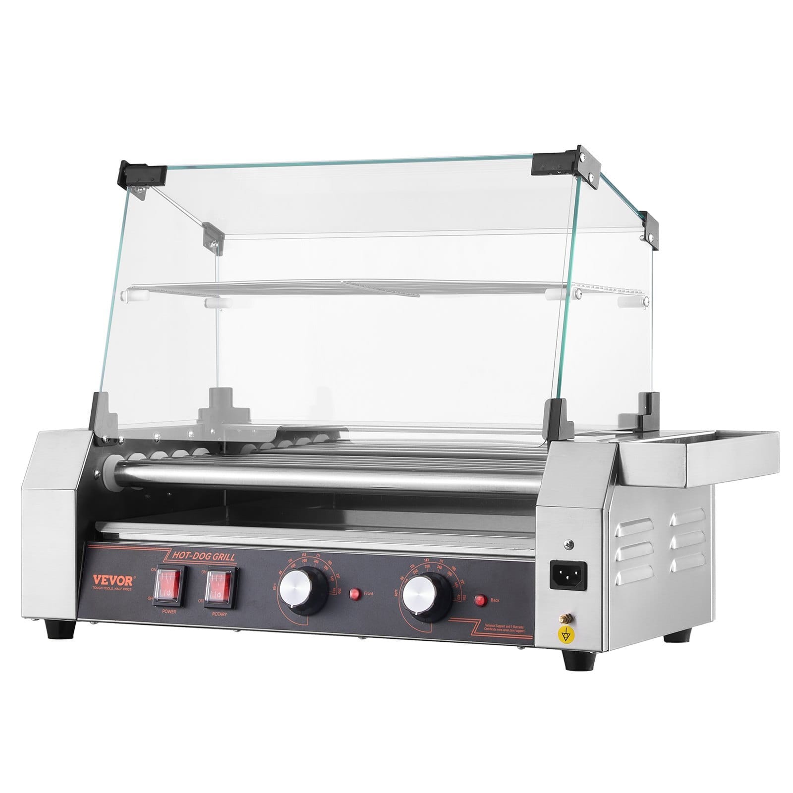 Hot Dog Roller, 12 Hot Dog 5 Rollers, Stainless Steel Sausage Grill Cooker, 750W Commercial Hot Dog Machine with Dual Temp Control, Cover, Side Storage Box, Removable Shelf & Oil Drip Tray
