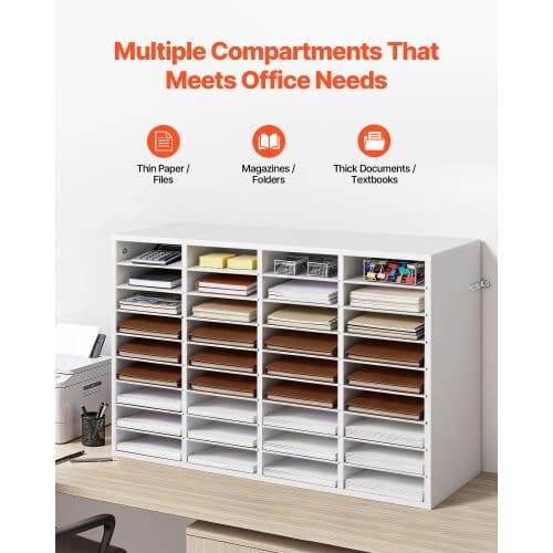 Literature Organizer, 36 Compartments Office Mailbox with Detachable Shelves, Wooden Mailbox Sorter with Particle Board, Countertop Office Home Storage Organizer for File, Document, Paper, White