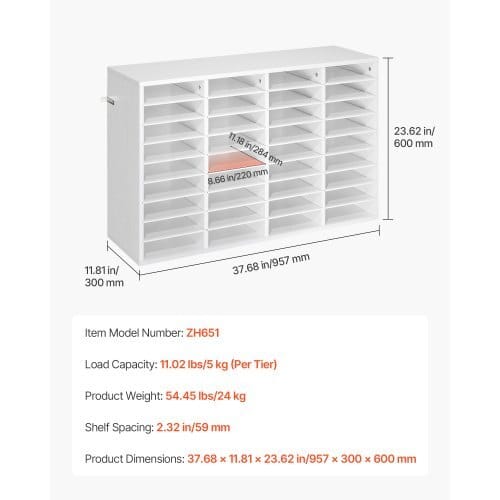 Literature Organizer, 36 Compartments Office Mailbox with Detachable Shelves, Wooden Mailbox Sorter with Particle Board, Countertop Office Home Storage Organizer for File, Document, Paper, White