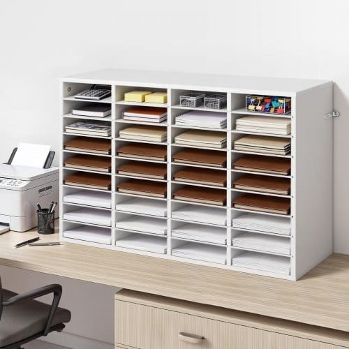 Literature Organizer, 36 Compartments Office Mailbox with Detachable Shelves, Wooden Mailbox Sorter with Particle Board, Countertop Office Home Storage Organizer for File, Document, Paper, White