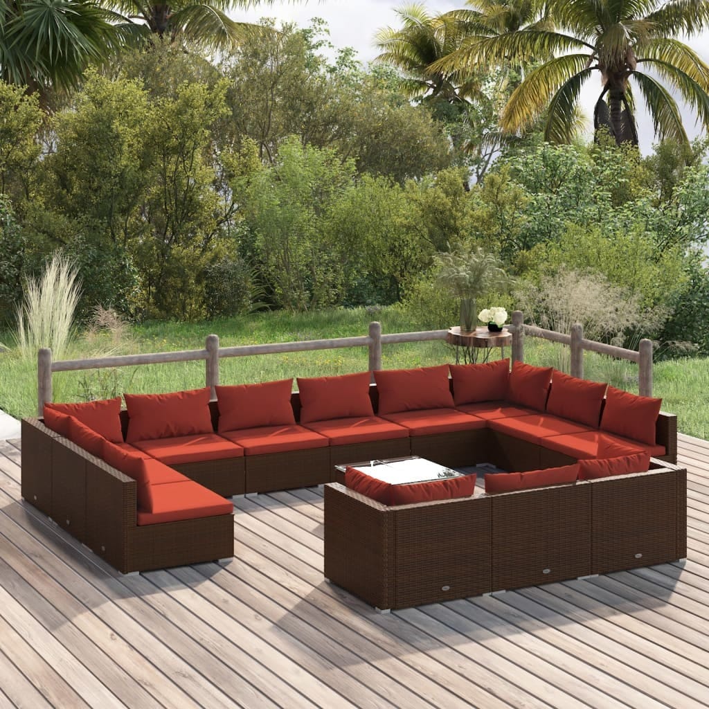 14 Piece Patio Lounge Set with Cushions Brown Poly Rattan