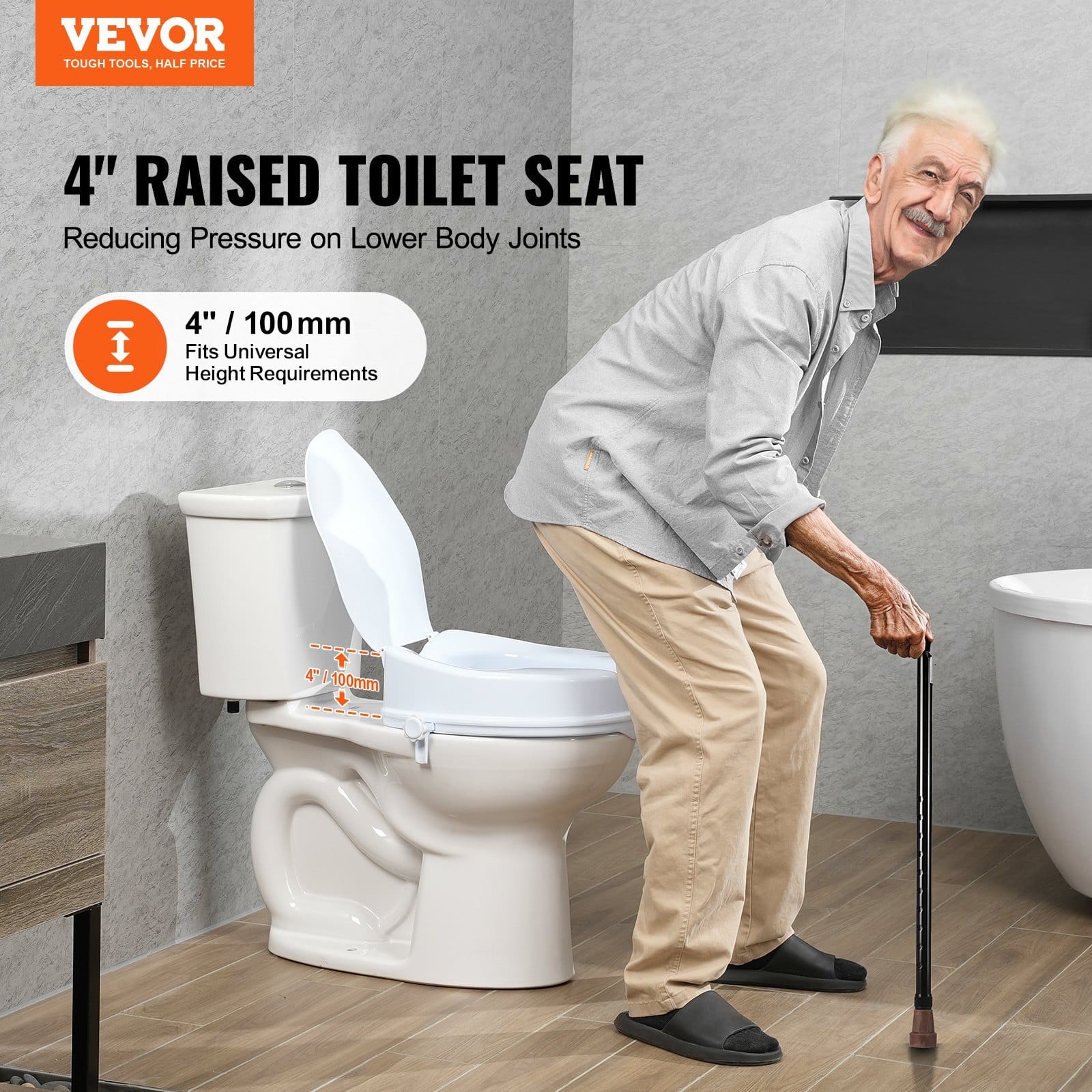 Raised Toilet Seat, 4" Height Raised, 300 lbs Weight Capacity, Universal Toilet Seat Riser, Screw Rod Locking, with Toilet Seat, for Elderly, Handicap, Patient, Pregnant, Medical