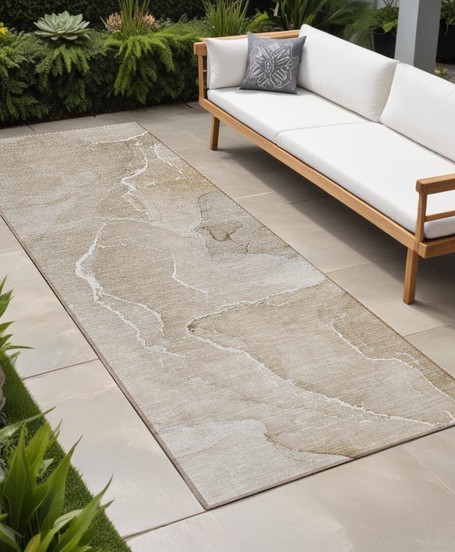8' Runner Beige Abstract Washable Non Skid Indoor Outdoor Runner Rug