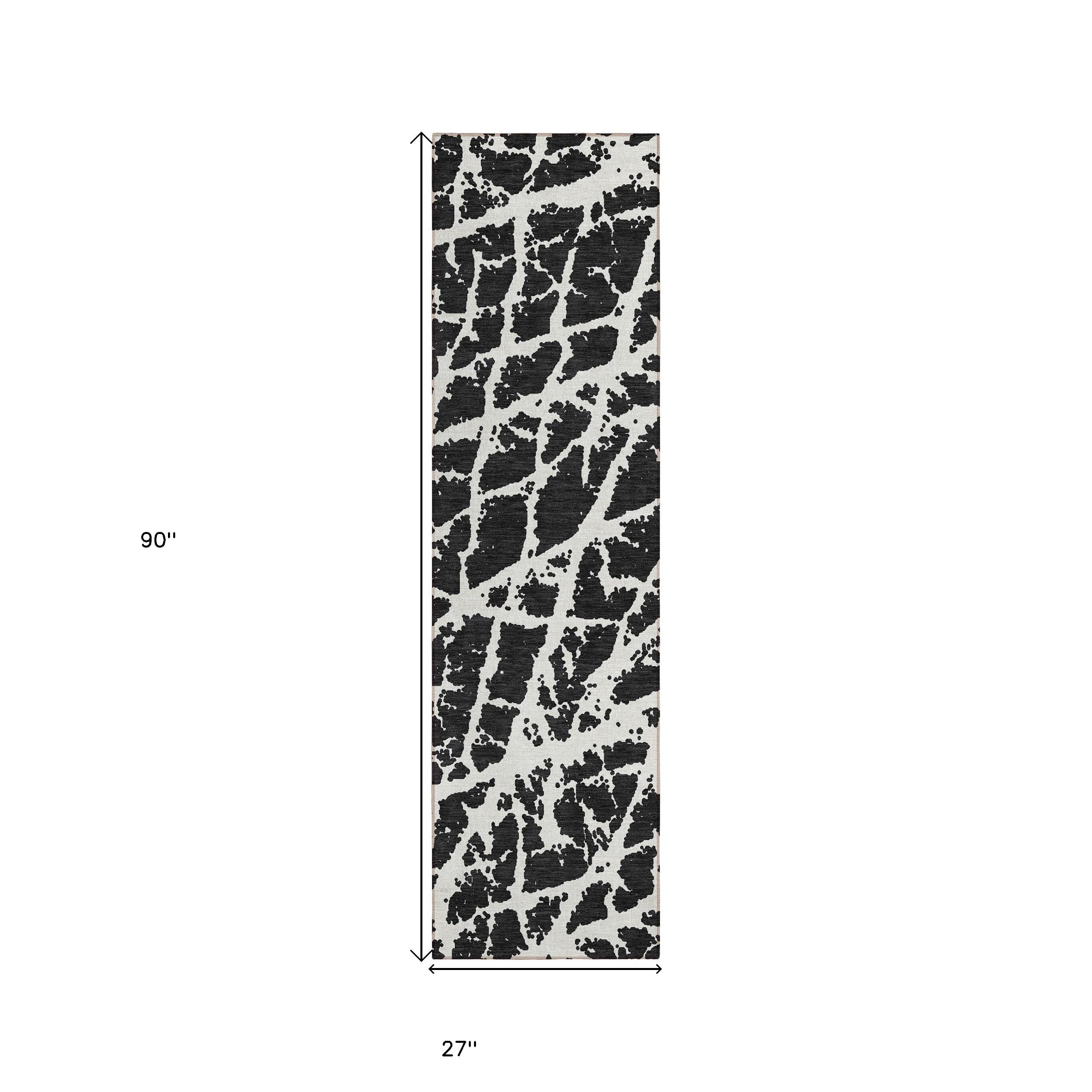8' Runner Black and White Abstract Washable Non Skid Indoor Outdoor Runner Rug