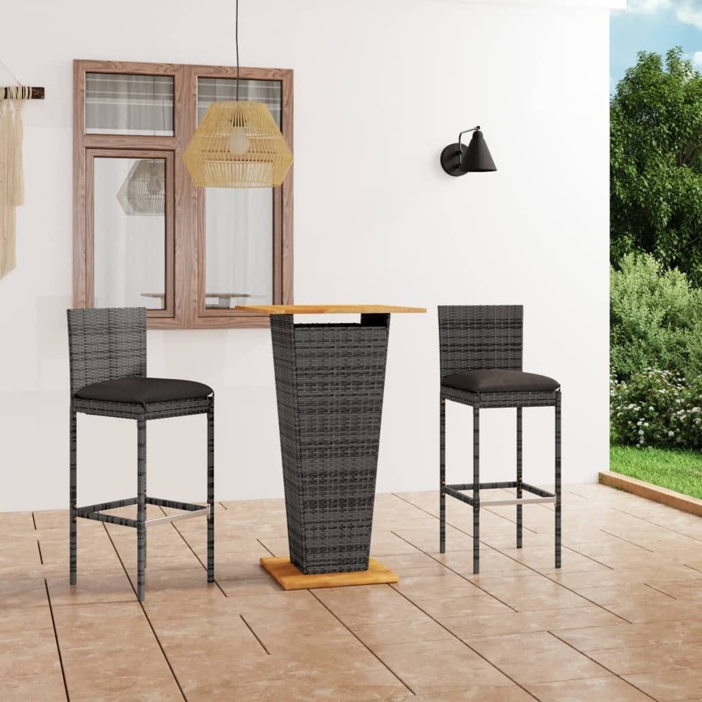 3 Piece Patio Bar Set with Cushions Poly Rattan Gray