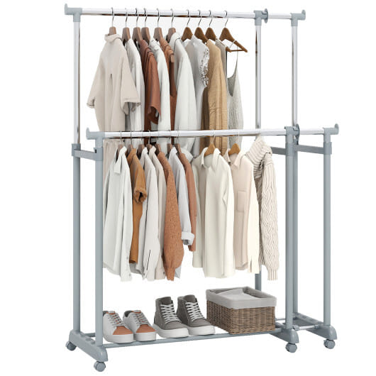 Double Rod Clothes Rack Heavy-Duty Metal Garment Rack - Color: Silver