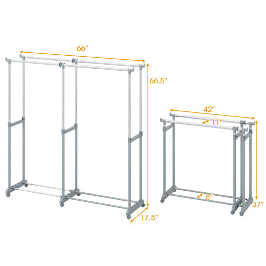 Double Rod Clothes Rack Heavy-Duty Metal Garment Rack - Color: Silver