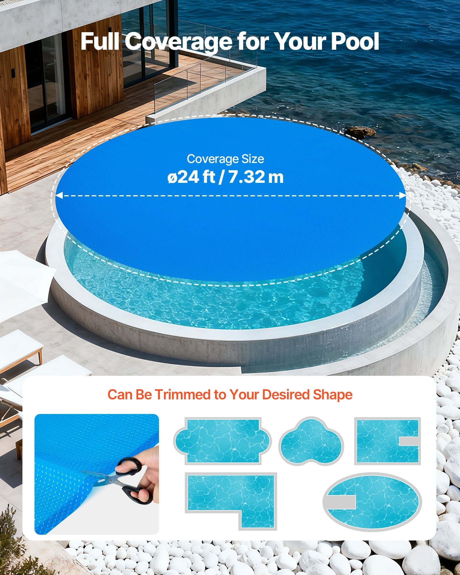 Solar Pool Cover, 24 ft Round Pool Bubble Cover, 8 Mil Pools Solar Blanket with Bubble & PE Material, Daytime Heat Absorption, Nighttime Heat Retention, Heat Retaining Solars Covers, Blue