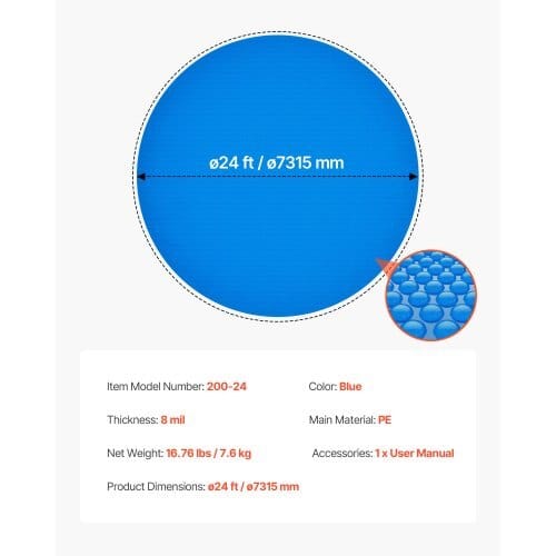 Solar Pool Cover, 24 ft Round Pool Bubble Cover, 8 Mil Pools Solar Blanket with Bubble & PE Material, Daytime Heat Absorption, Nighttime Heat Retention, Heat Retaining Solars Covers, Blue