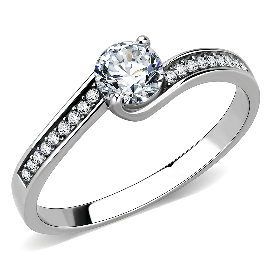 DA233 - High polished (no plating) Stainless Steel Ring with AAA Grade CZ in Clear