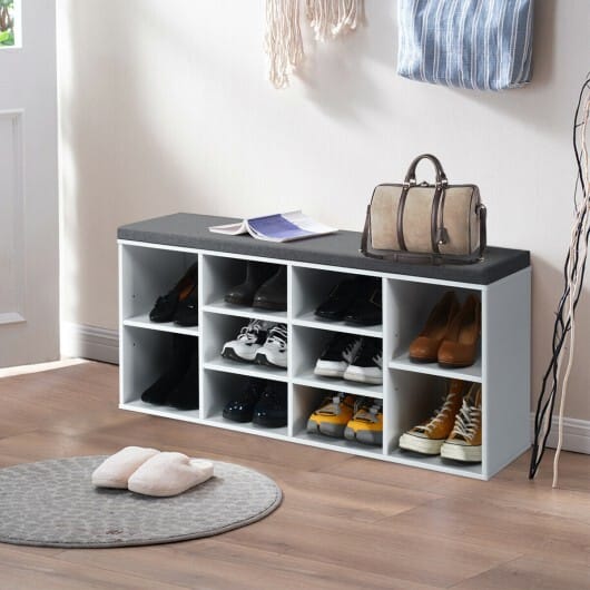 10-Cube Organizer Shoe Storage Bench with Cushion for Entryway-White - Color: White