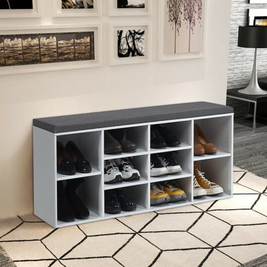 10-Cube Organizer Shoe Storage Bench with Cushion for Entryway-White - Color: White