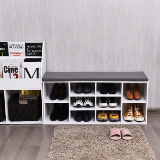 10-Cube Organizer Shoe Storage Bench with Cushion for Entryway-White - Color: White
