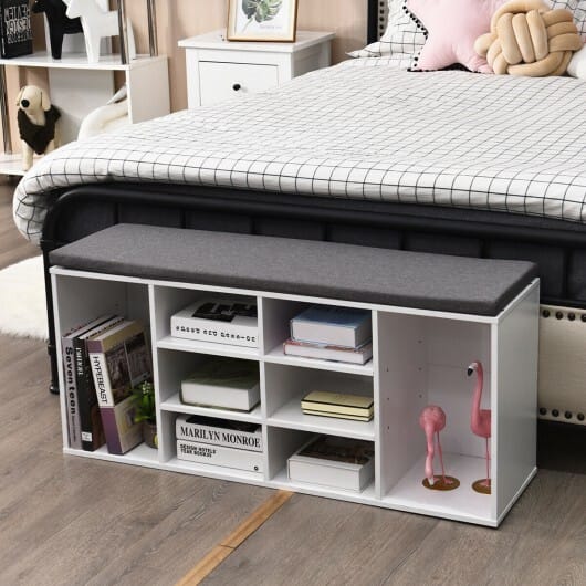 10-Cube Organizer Shoe Storage Bench with Cushion for Entryway-White - Color: White