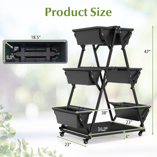 3-Tier Vertical Raised Garden Bed with 4 Wheels and 6 Container Boxes-Black - Color: Black - Size: 3-Tier