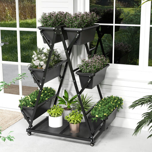 3-Tier Vertical Raised Garden Bed with 4 Wheels and 6 Container Boxes-Black - Color: Black - Size: 3-Tier