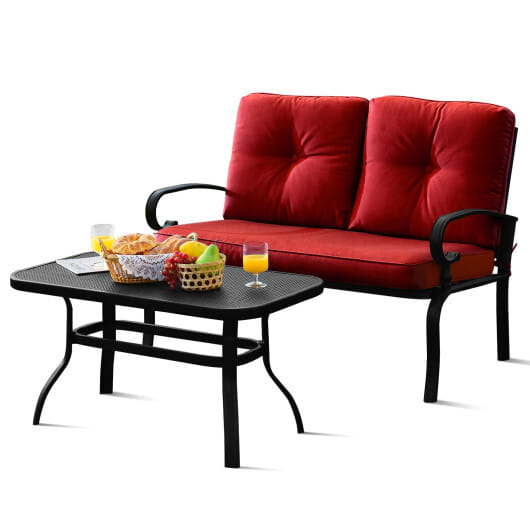 2 Pieces Patio Loveseat Bench Table Furniture Set with Cushioned Chair-Red - Color: Red