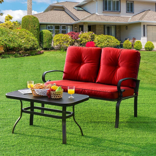 2 Pieces Patio Loveseat Bench Table Furniture Set with Cushioned Chair-Red - Color: Red
